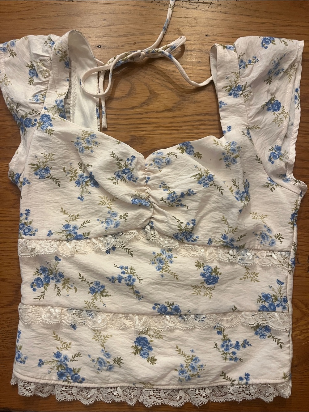 White Floral Lace-Trim Crop Top with Blue Bouquet Print